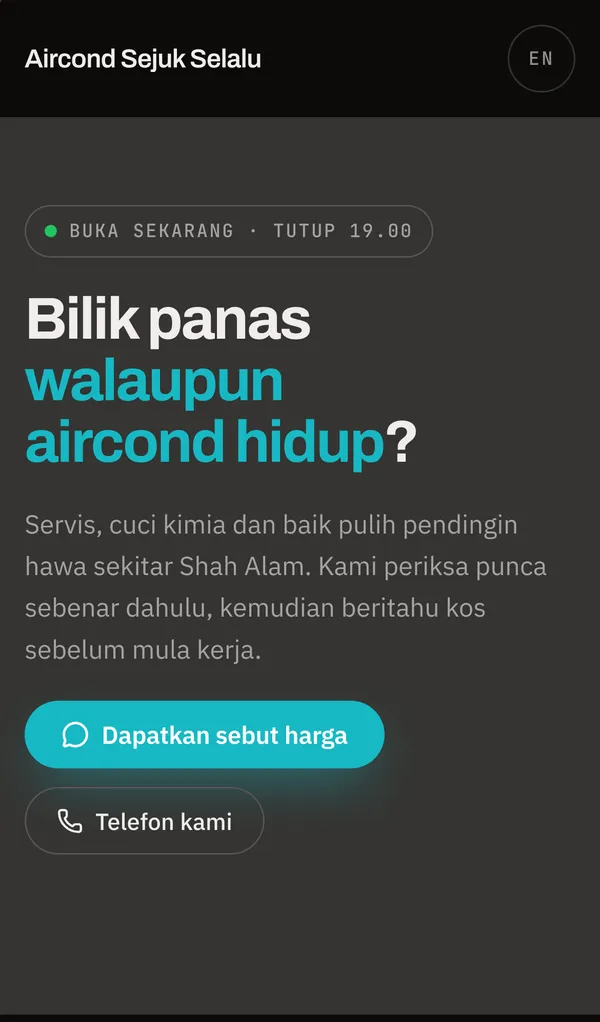 Laman contoh Aircond Sejuk Selalu pada telefon